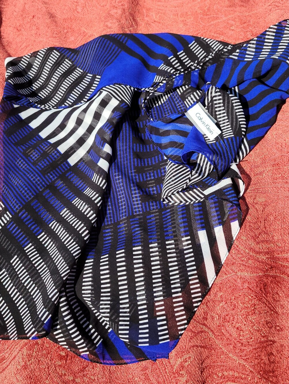 Blue and Black Calvin Klein Geometric Semi Sheer Scarf Silvertone Logo Pendant